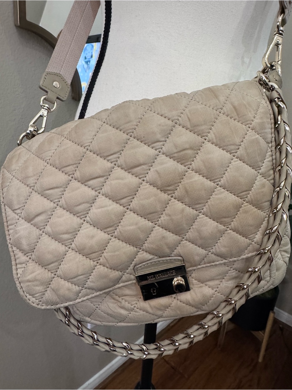 MZ Wallace Medium Crosby Lock Crossbody Buff Quilted Bag 2 Straps